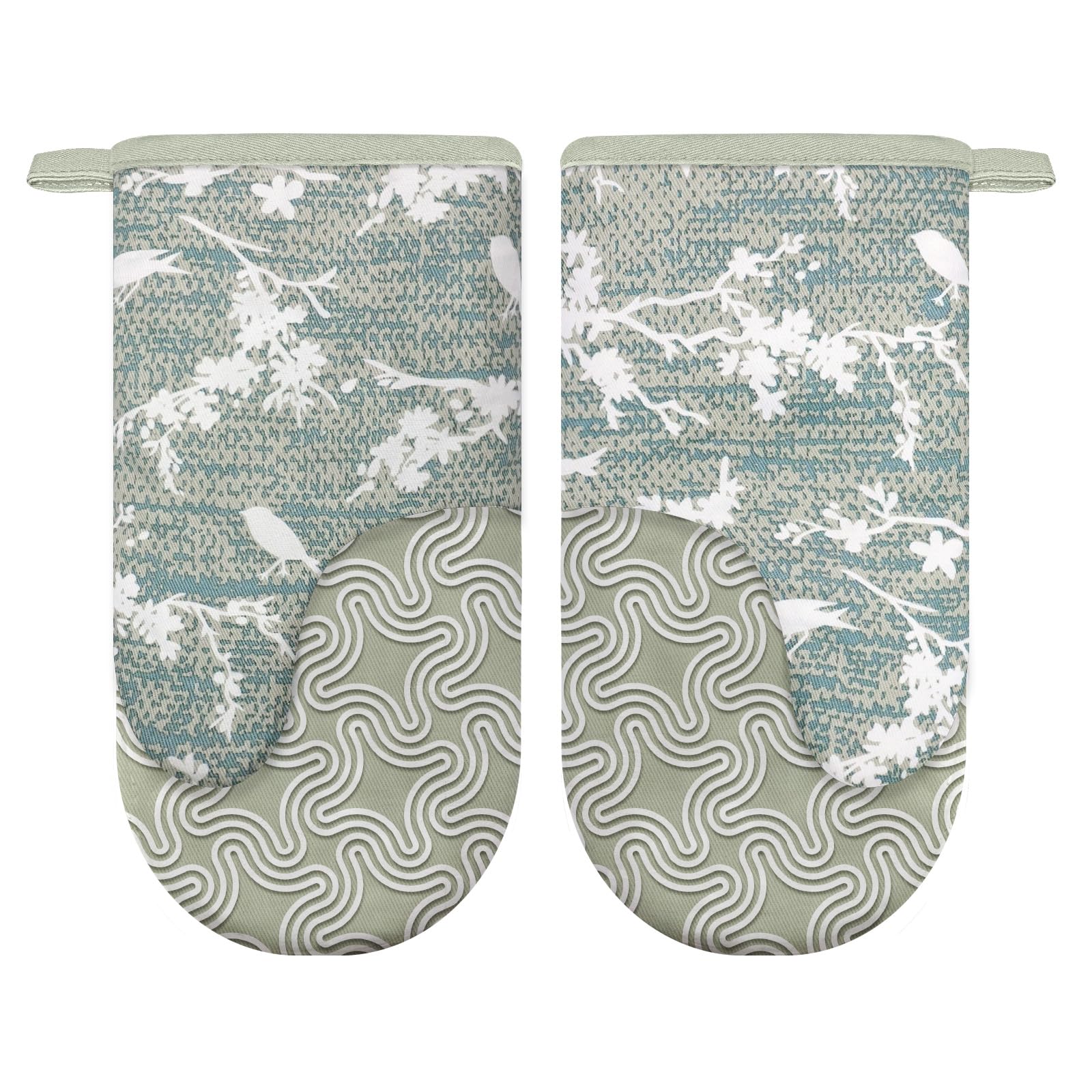 Alselo Thumb Oven Mitts, Heat and Slip Resistant Silicone Kitchen Mittens 2-Pack Set, Aqua Birds Soft Long Oven Gloves, Flexible Thick Potholders for Safe Baking Cooking and Grilling (Aqua)