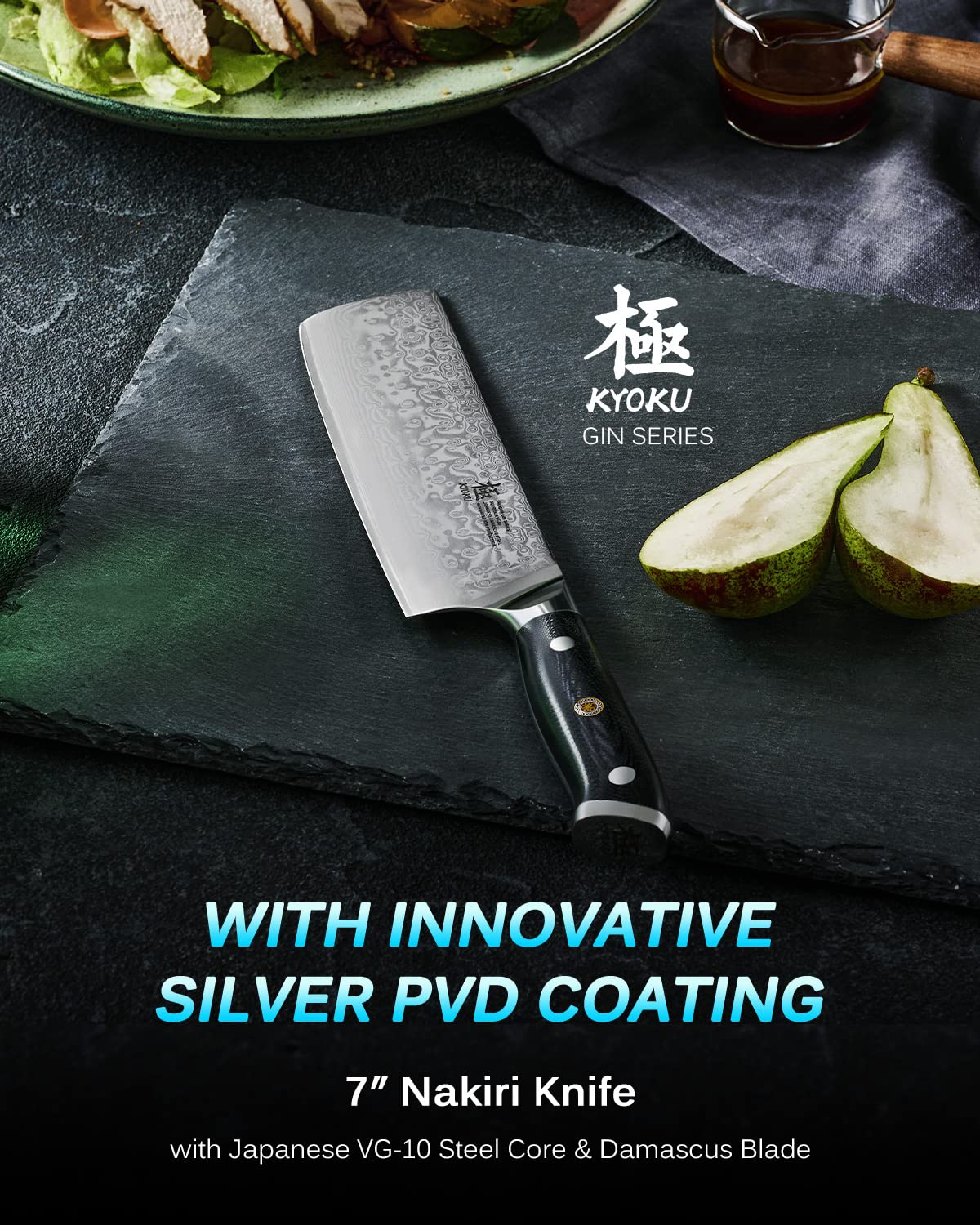 KYOKU 7" Damascus Nakiri Knife,UPGRADED Japanese Chef Knife with Silver Ion Coating,Ultra Sharp VG10 Stainless Steel Kitchen Vegetable Cutting Knives for Professional & Home Chefs Cooking Meat Cleaver