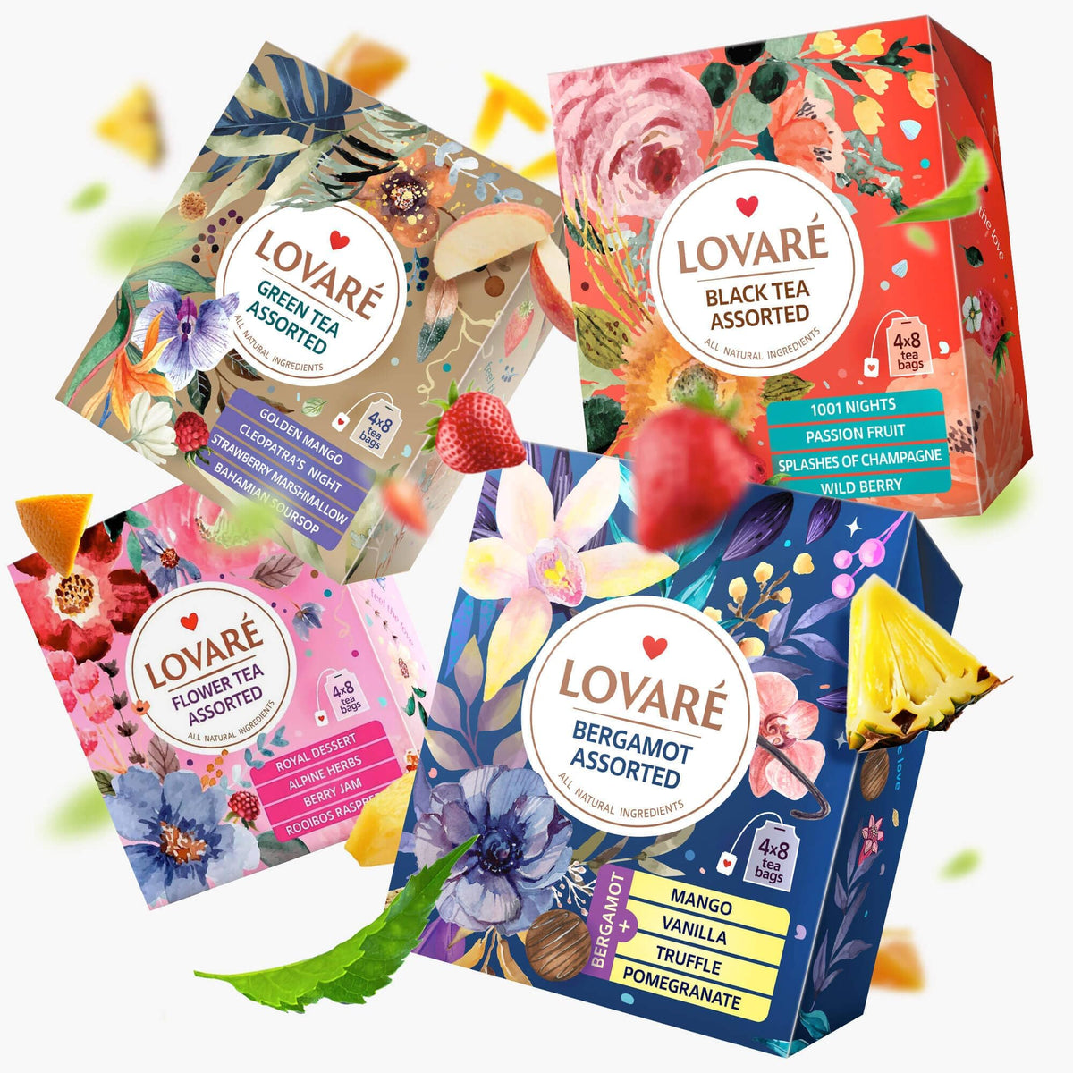 Black and Green Tea Blend Assorted Tea by Lovare Tea Sets for Tea Lovers Made in Ukraine 128 Tea Bags of Huckleberry Herbal, Fruits, Flower Petals, Aroma of Grapes, Pieces of Berries, All Natural Ingredients, in Gift Box For Blooming Tea Lovers Men &
