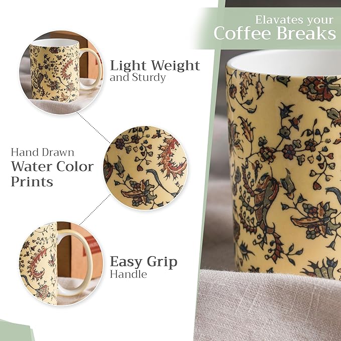 Maison d' Hermine Coffee Mug with Handles Fine Bone China Mugs Pack of One Tea Cups for Hot Beverages Cappuccino Latte Home Restaurant Office Perfect for Gift (Lakshmi - Arum, 12 Ounce)