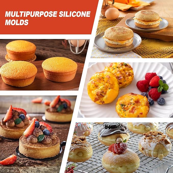 3-Pack Silicone Egg Molds - 3x0.7 Inch Round English Muffin & Breakfast Sandwich Maker, Reusable Non-Stick Baking Pan for Egg Patties, Whoopie Pies, Oven Safe