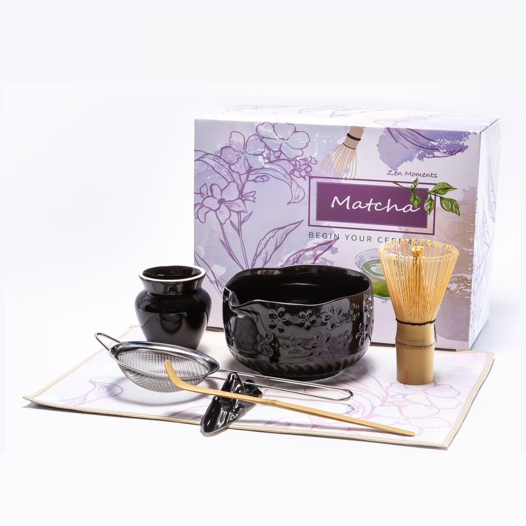 APLSTOW Matcha Whisk Set - Traditional Japanese Handmade Bamboo Matcha Whisk and Holder, Matcha Bowl,Bamboo Scoop, Scoop Rest, Sifter and Tea Towel (Black)