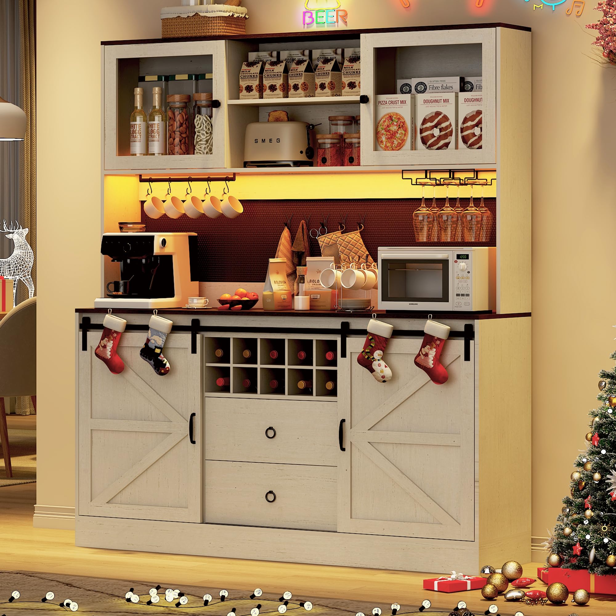 74" Tall 63" Wide Large Coffee Bar Cabinet w/Outlet,6000-color LED Light,Pegboard,Farmhouse Hutch Cabinet w/Barn Door,2 Big Drawers,Adjustable Shelves,10 Wine & Glasses Rack,5 Hook for Kitchen