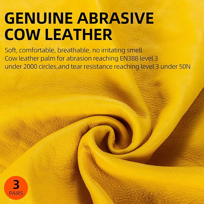 Vgo 3-Pairs Unlined Cow Grain Leather Work and Driver Gloves with Cow Split Leather Palm Patch (Size XXL, Gold,CA9590)