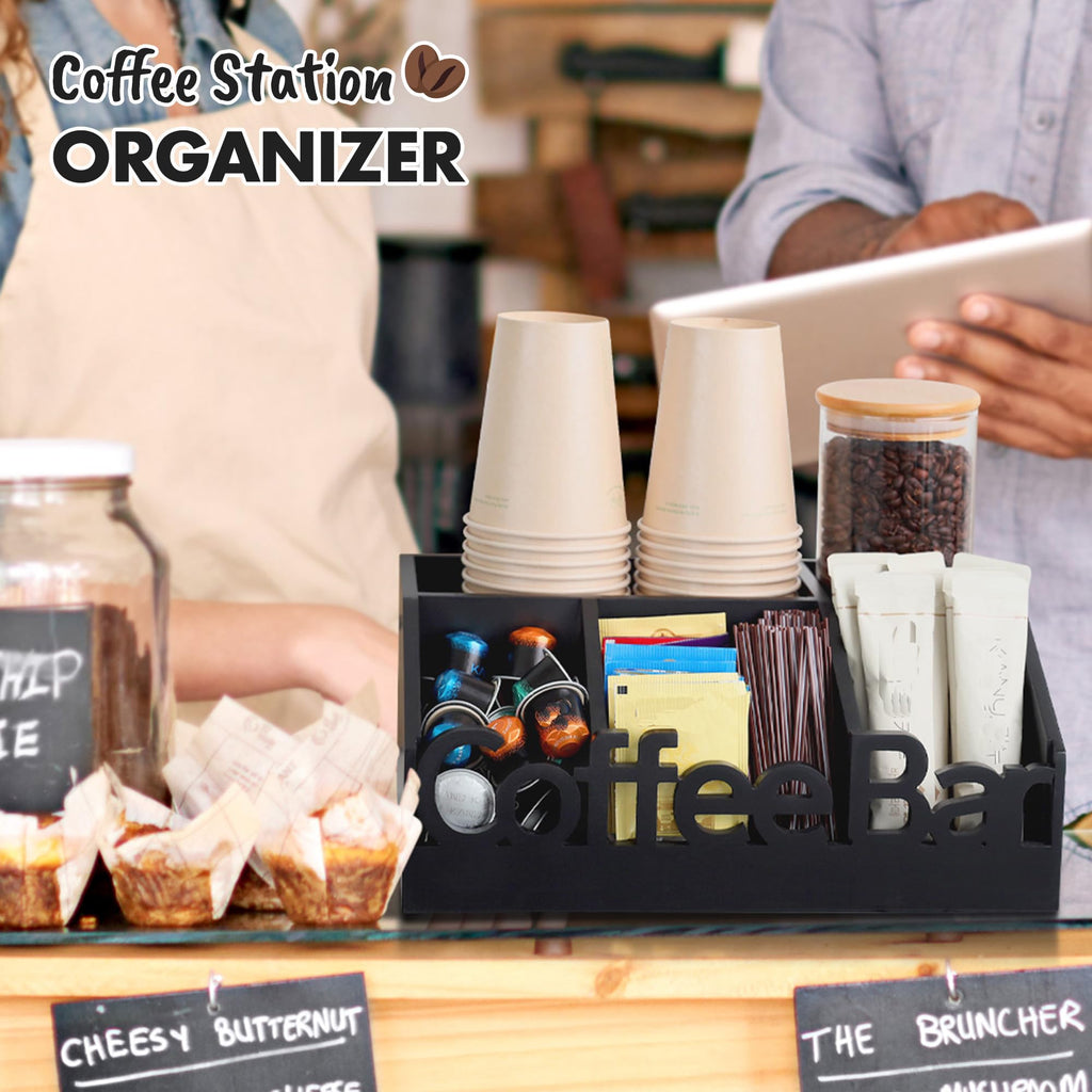 Coffee Bar Organizer Countertop, Wood Tea & Coffee Pod Station Caddy, Black