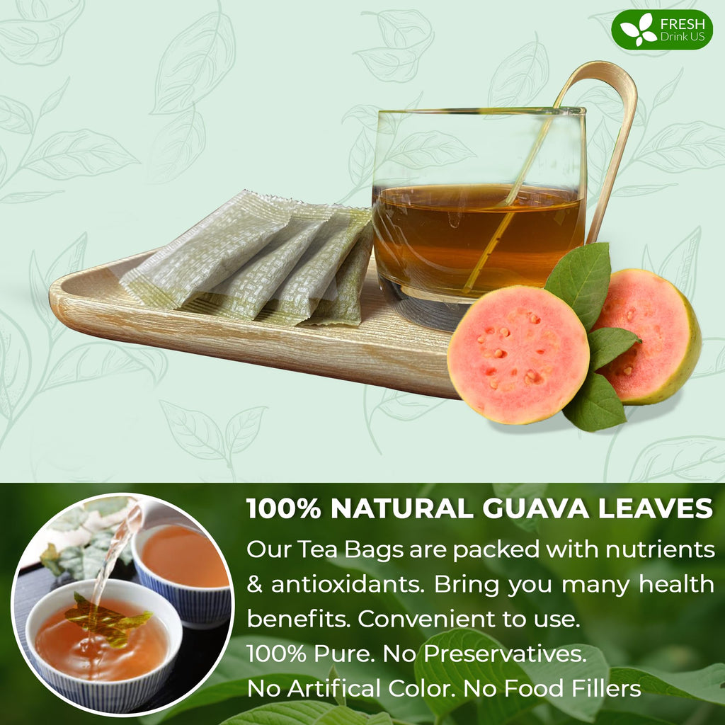 FreshDrinkUS, Premium 135 Guava Leaf Tea Bags, Handmade, 100% Natural and Pure. Guava Tea, Loose Leaf Herbal Tea. No Sugar/Caffeine/Gluten, Vegan.