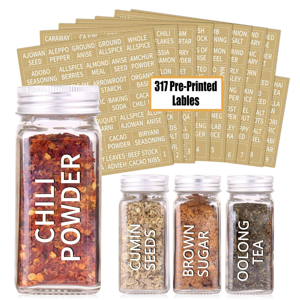 SWOMMOLY 25 Pcs 4 oz Glass Spice Jars with 703 Spice Labels and Shaker Lids