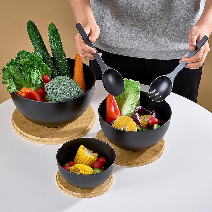 Large Salad Bowls with Bamboo Lids Set of 3, Mixing Nesting Bowls Round Serving Bowls with Servers for Salads, Kitchen Eating, Pastas, Popcorn, Chips, Trifle, Fruit, Food Prepare (Black,10",8",6" )