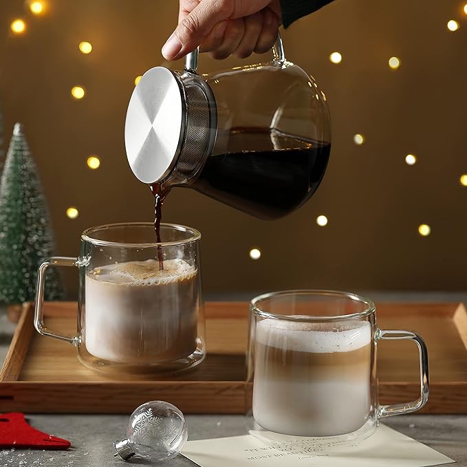 CNGLASS 15.2oz Glass Coffee Mugs,Double Wall Insulated Glass Mugs with Handle,Clear Espresso Mugs for Latte,Cappuccino,Tea Bag,Set of 2