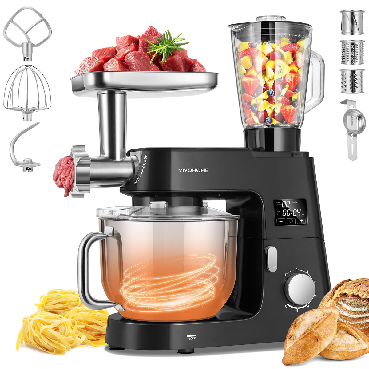 VIVOHOME 9-in-1 Stand Mixer with Fermentation & Timer, 7.5-Quart, Red