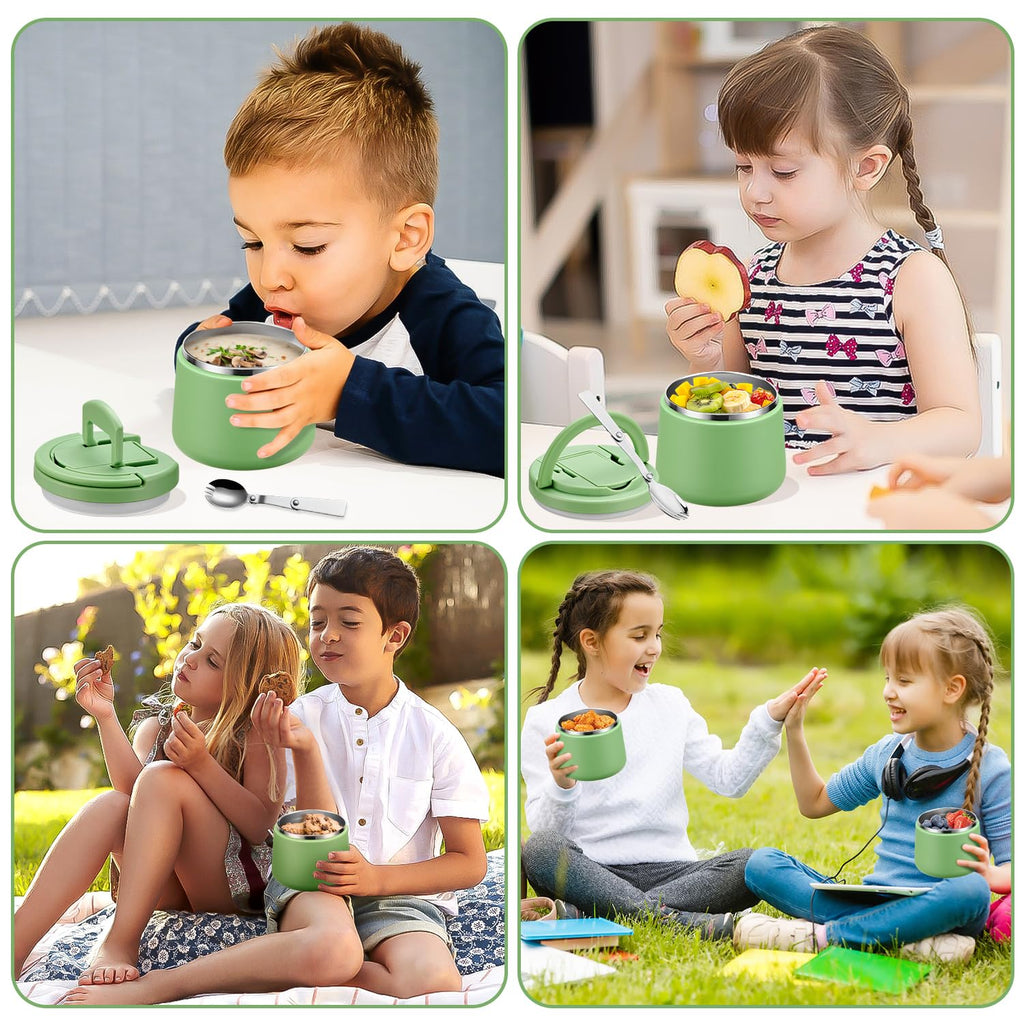 14oz Insulated Vacuum Food Jar with Buckle Lid,Soup Thermo for Hot Food Kids,Wide Mouth Leakproof Stainless Steel Lunch Container with Spoon-Green