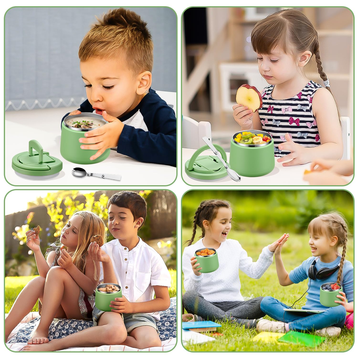 14oz Insulated Vacuum Food Jar with Buckle Lid,Soup Thermo for Hot Food Kids,Wide Mouth Leakproof Stainless Steel Lunch Container with Spoon-Green
