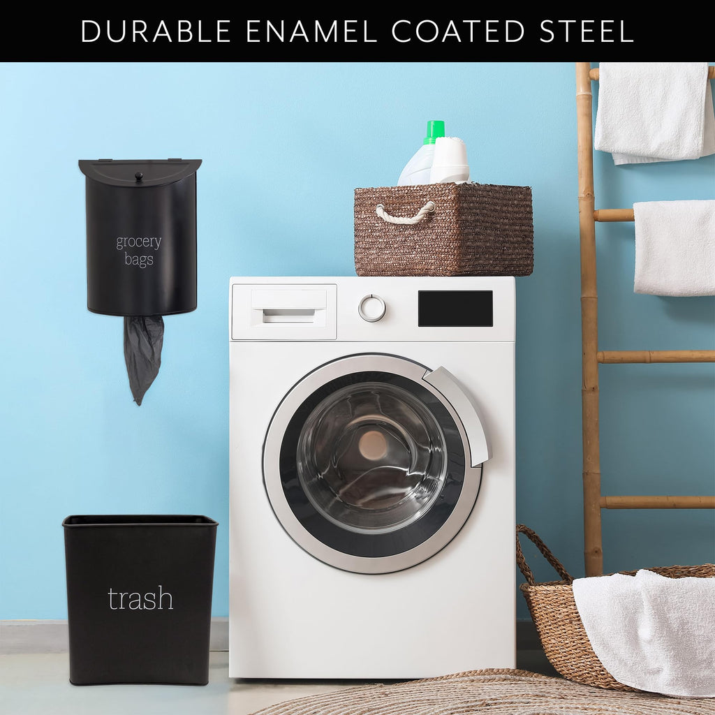 AuldHome Design Enamelware Grocery Bag Holder (Black); Wall-Mounted Modern Farmhouse Style Plastic Bag Dispenser for Kitchen or Laundry Room