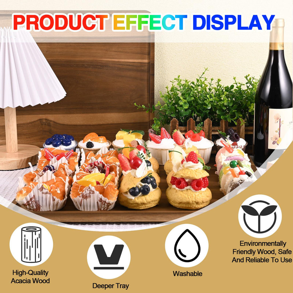 BIEOFFEI 2 Pcs Acacia Wood Serving Tray, Rectangular Wooden Serving Platters Charcuterie Board, Large Wood Kitchen Display Tray for Food, Cookie, Dessert, Fruit, Snack, Vegetable, 16.6" x 12.6" x 0.6"