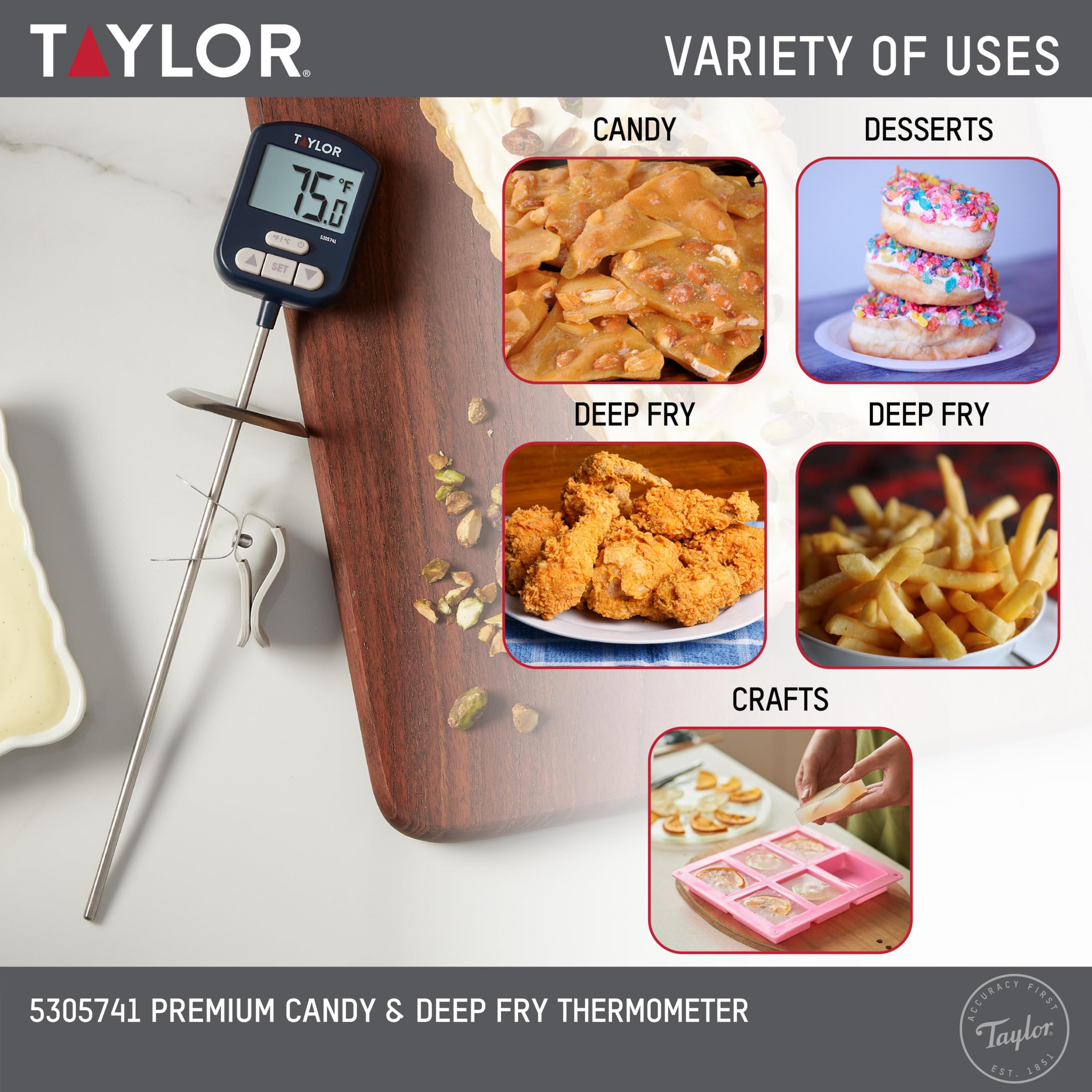 Taylor Digital Premium High Heat Resistant Candy Thermometer, Meat, Deep Fry, Brewing, and Craft Thermometer, with pan/Kettle Clip and Heat Shield, Backlit Display, and Includes 1 CR2032 Battery, Navy