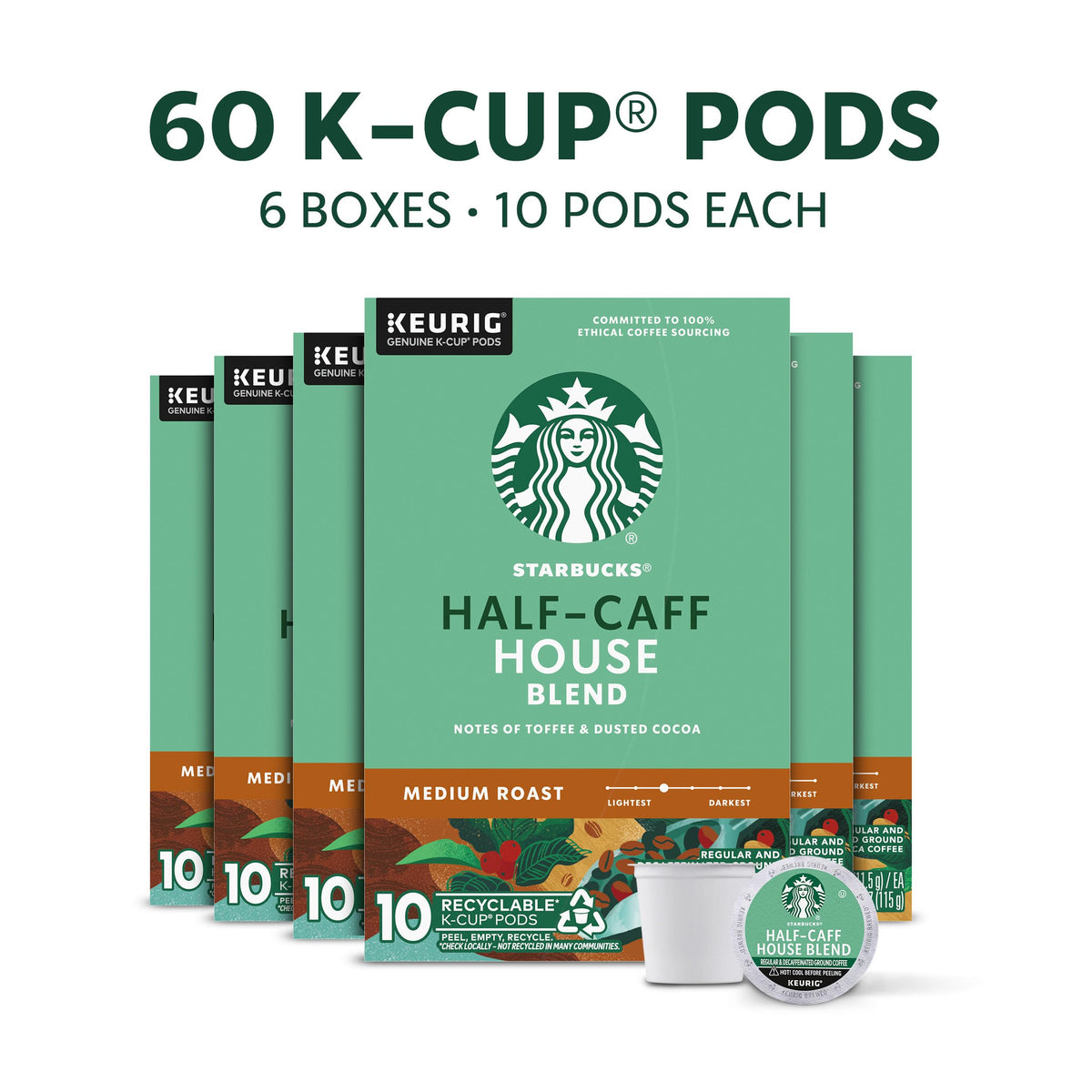 Starbucks K-Cup Coffee Pods, Half-Caff House Blend, 6 Boxes 60 Count