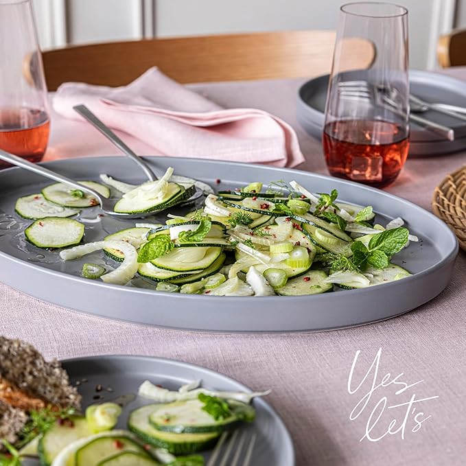 over&back Stackable Stoneware Serving Platter - Elegant 1-Piece Oval Serving Platter to Complete Your Kitchen Set - Perfect for Appetizers, Desserts, and More - 16" L x 11" W - Semi-Matte Charcoal