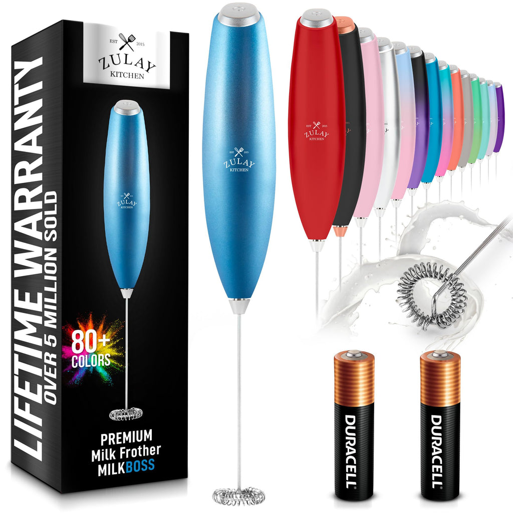 Zulay Powerful Milk Frother for Coffee with Upgraded Titanium Motor - Handheld Electric Whisk, Milk Foamer, Mini Mixer & Coffee Blender for Frappe, Latte, Matcha, No Stand - Frosted Blue