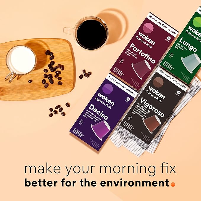 Woken Coffee Compostable Nespresso Pods Variety Pack - Dark and Medium Roast Italian Espresso Compostable Coffee Pods Compatible with Nespresso Machine (40 Pod Count, 4 Boxes)