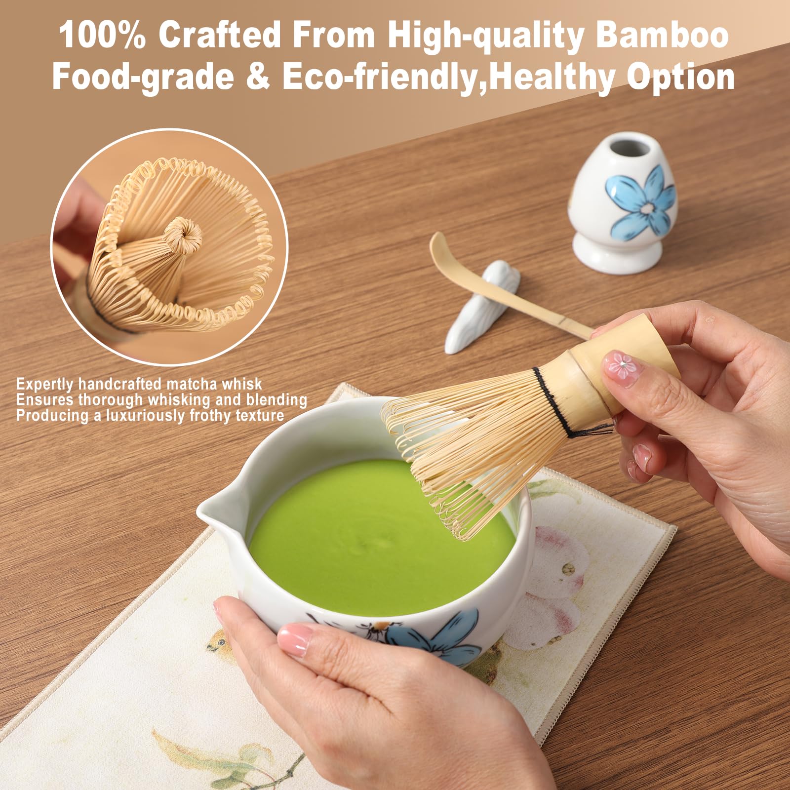 JunMu Matcha Whisk Set Cute,8pcs Matcha Set Whisk And Bowl,Matcha Kit Set With Bamboo Whisk,Ceramic Matcha Bowl,Sifter,Scoop,Holder,Towel,Stand,Spoon,Unique Gift for Japanese Matcha Tea Lover