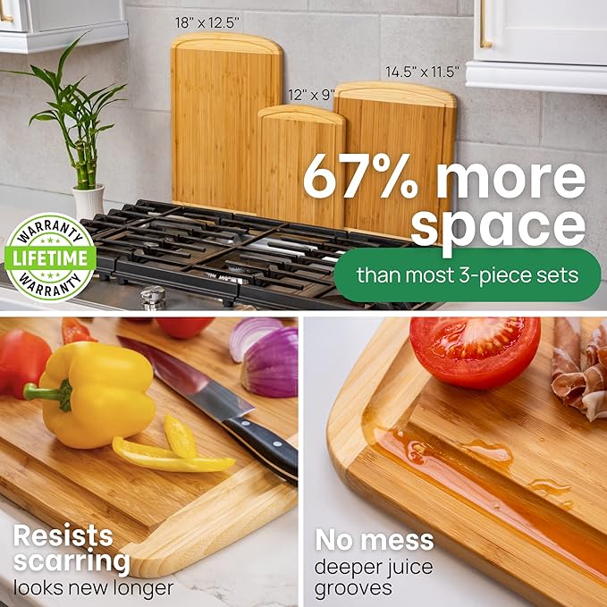 FSC® Certified Extra Large Bamboo Cutting Board Set, Organic Wood Cutting Boards for Kitchen with 67% Larger Surface, Non Toxic Cutting Boards with Lifetime Replacements