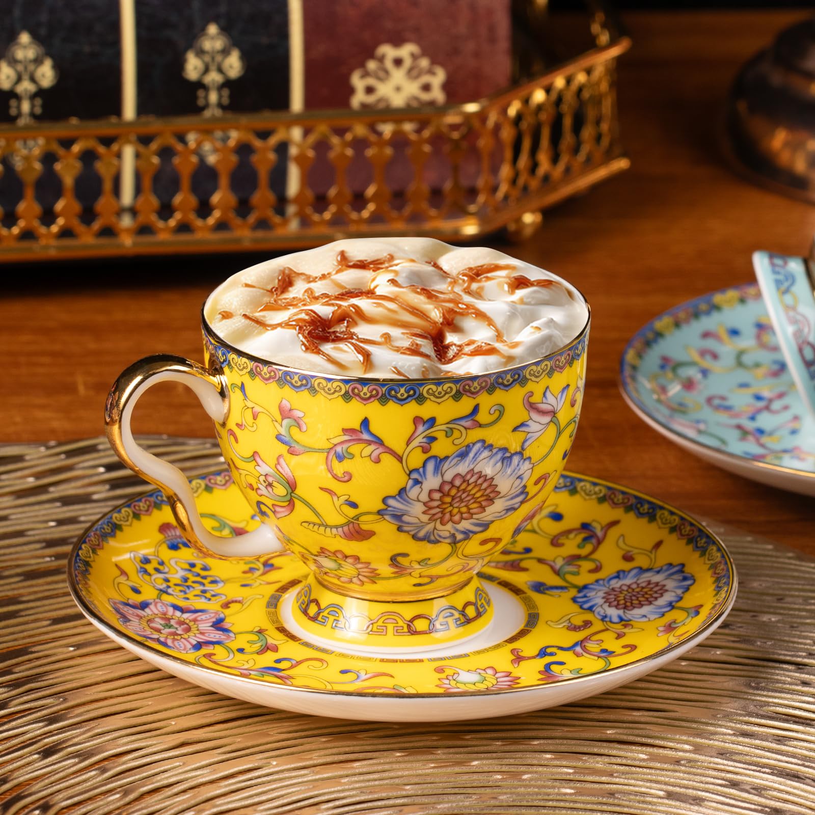 KAMMAK Tea Cup and Saucer, Ceramic Coffee Cups, 7.4 oz, Set of 2