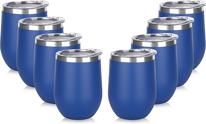 DOMICARE Stainless Steel Wine Tumbler Bulk with Lid, Personalized Insulated Tumblers Set, 12oz Travel Coffee Cups Pack of 8, Dark Blue