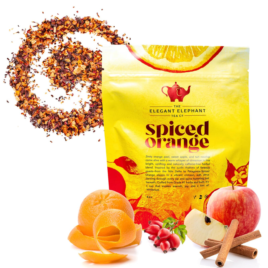 Spiced Orange Tea, Loose Leaf Herbal Tea – Sweet, Spicy, Caffeine-Free – Orange, Apple & Cinnamon Spice – Drink Hot or Iced – 4 oz Resealable Bag (Makes 50 Cups) – The Elegant Elephant