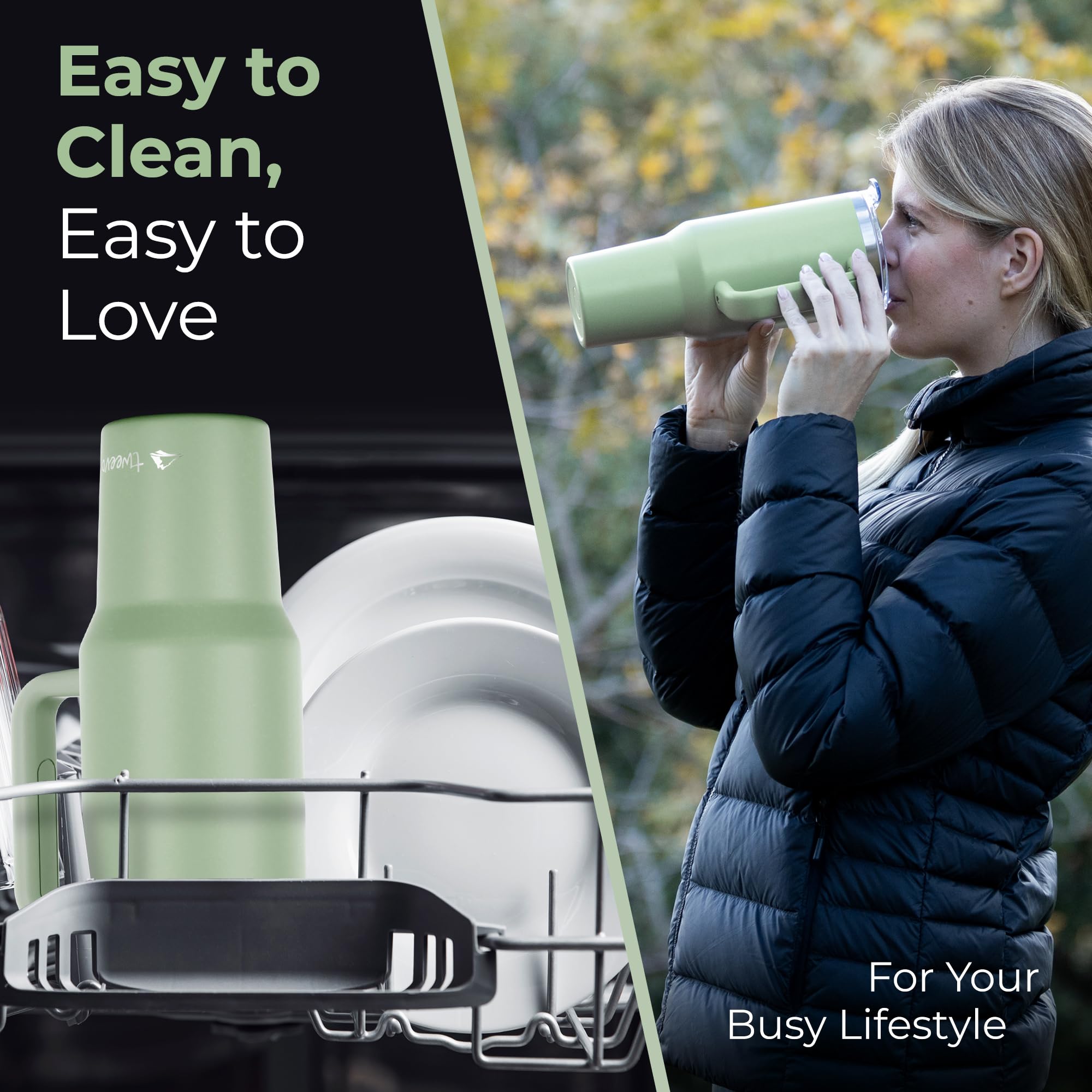 tweevo 40 oz Tumbler With Handle and Straw Made of Stainless Steel - Double Wall Vacuum Insulated Tumbler With Lid - Sweat Proof Easy Grip, BPA-Free, Dishwasher Safe Tumbler (Sea Sage)