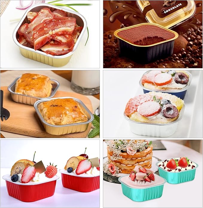 LNYZQUS 120pack/10oz Foil Mini Cake Tins with Lids 4”X4” Small Cake Baking Pans Cupcake Containers,Disposable Ramekins Mini Aluminum Brownie Pan Large Muffin Cups Holders-Cyan Blue