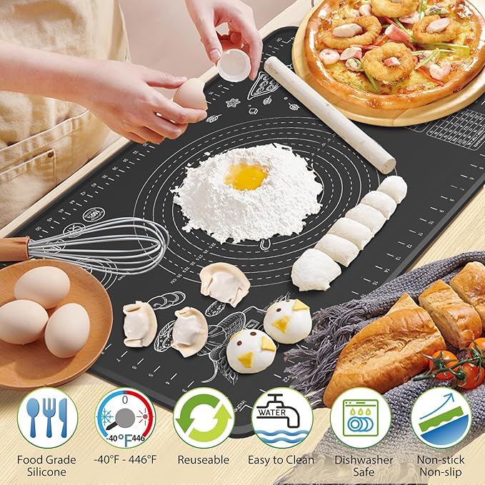 Silicone Baking Mat 28" x 20" Extra Thickness Dough Rolling Mat with Measurements and Edge Heightening, Non-stick Food Grade Silicone Pastry Mat for Pastry, Bread, Cookies, Pizza, Fondant, Pasta-Black