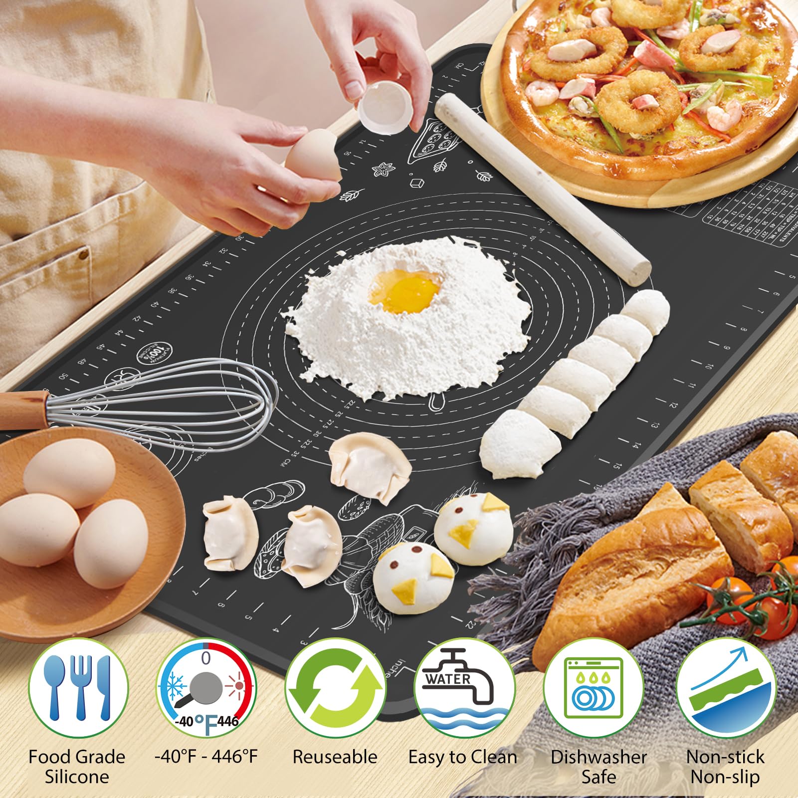 Silicone Baking Mat 32" x 24" Extra Thickness Dough Rolling Mat with Measurements and Edge Heightening, Non-stick Food Grade Silicone Pastry Mat for Pastry, Bread, Cookies, Pizza, Fondant, Pasta-Black