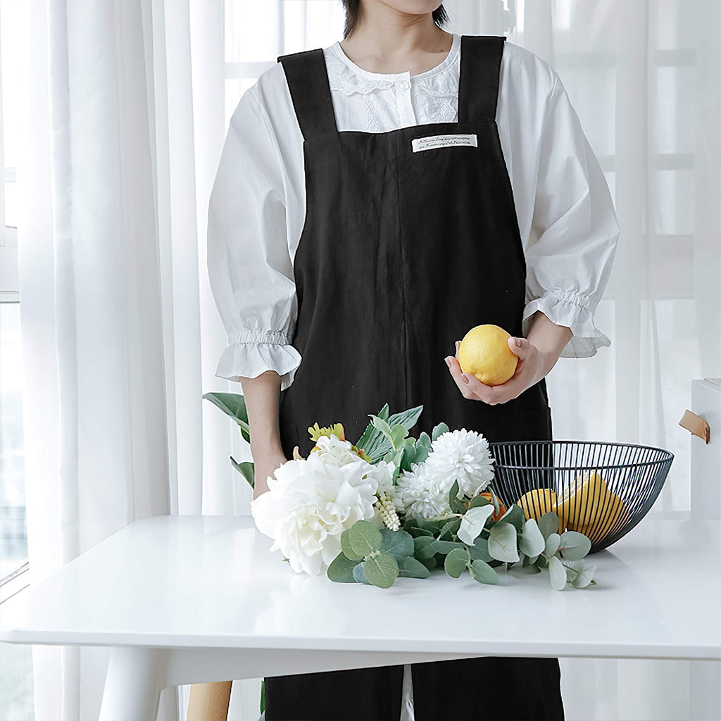 HANEE Cotton Aprons for Women and Men | Cross-Back Apron with Pockets (Black)