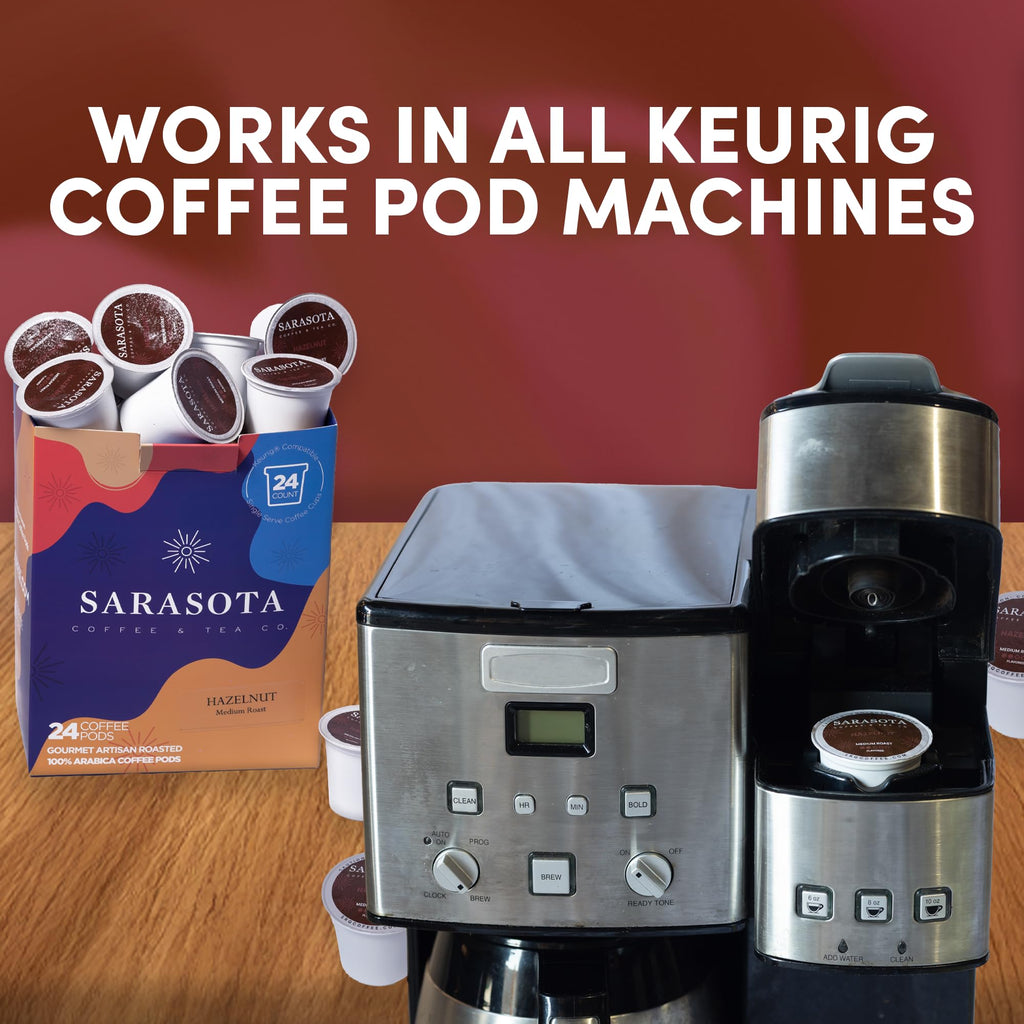 Sarasota K-Cup Coffee Pods | Medium Roast Flavored Coffee | Hazelnut | Single Serve for Keurig Brewers | Gourmet, Low Acid, Mold Free | 24 Count