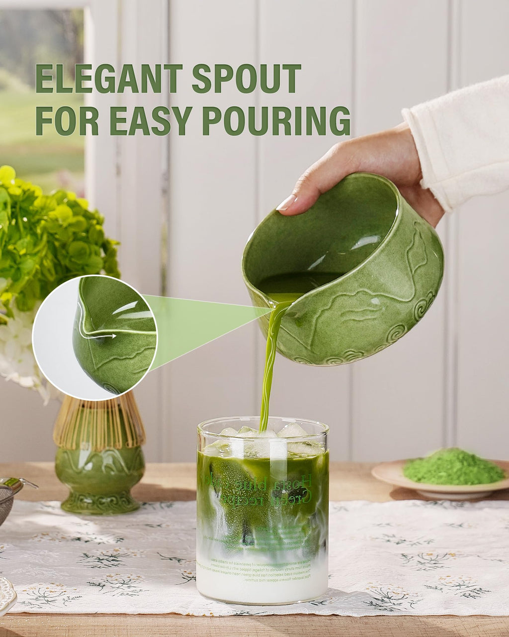 ZENS Premium Matcha Whisk Set with Blooming Cup, 7pcs Matcha Set, Green