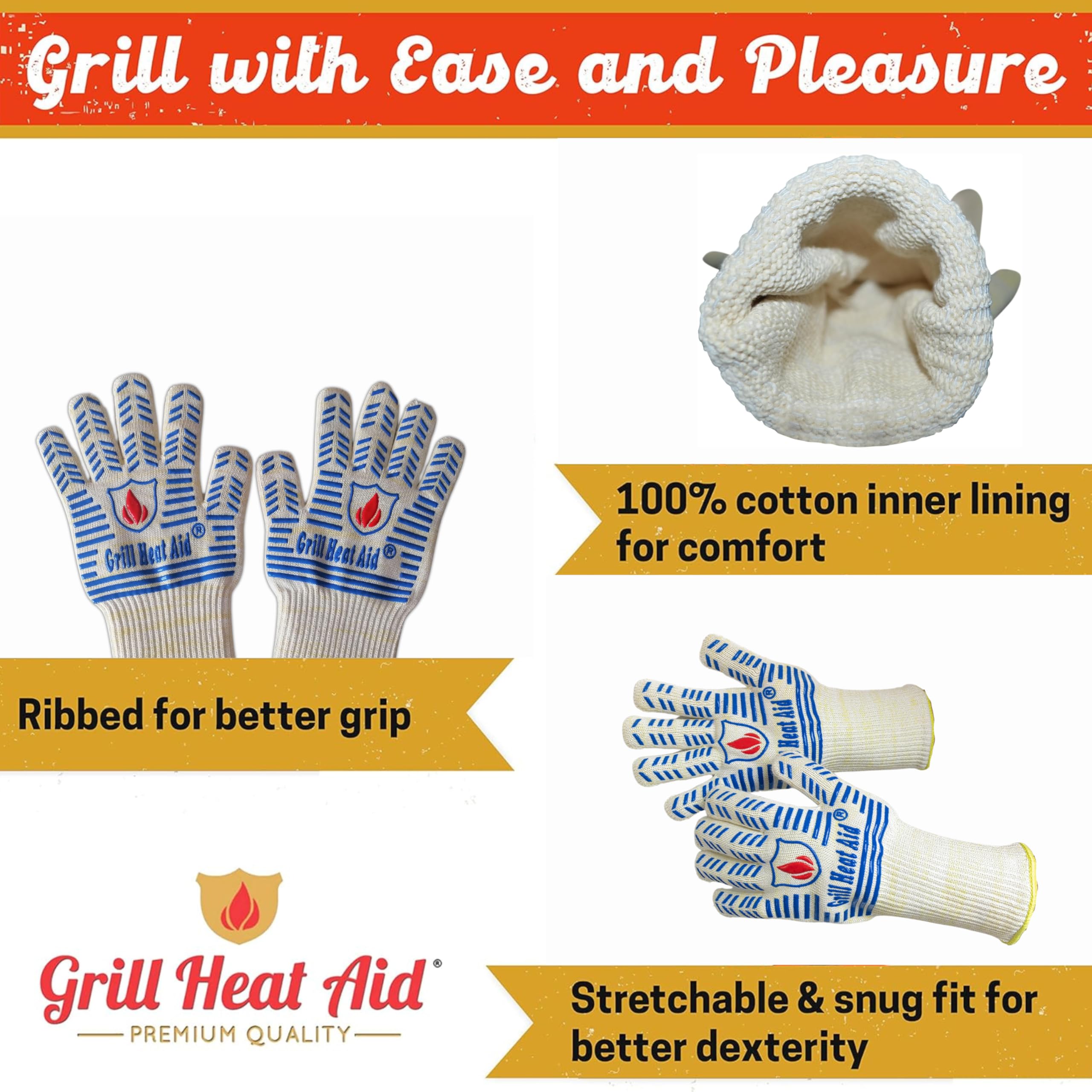 GRILL HEAT AID Grill Gloves Heat Proof for Men Grilling BBQ Heat Resistant Gloves