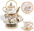 Zhehao 20 Pcs Porcelain Tea Set with Metal Holder and Spoon Adult Ceramic Tea Party Set European Flower Painting Teapot Cup Saucer Spoon Set for Women, Large Version(Minimalist Style)
