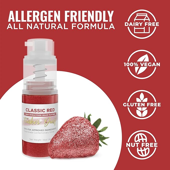 Bakell - Classic Red Tinker Dust (4g, 1x Mini Spray Pump) Edible Glitter for Food, Desserts, and Beverages!