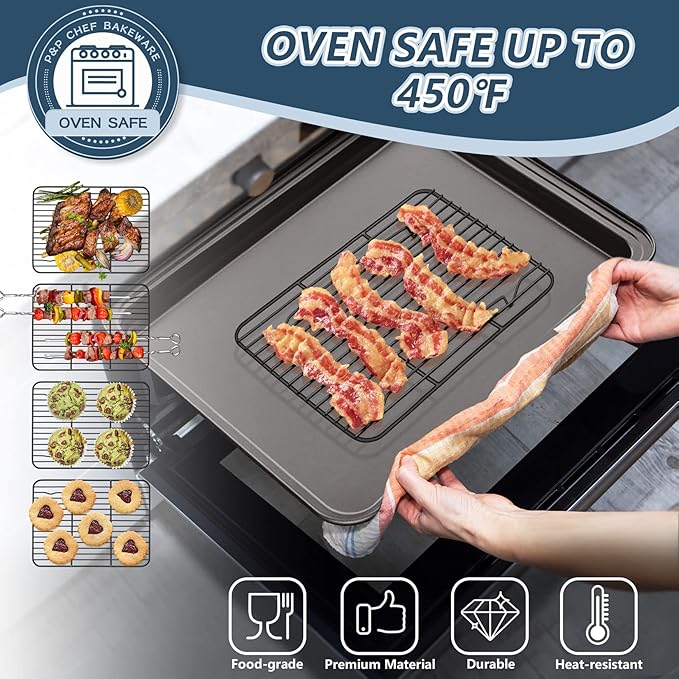 P&P CHEF Cooling Baking Rack Pack of 2, Stainless Steel Cooling Racks for Cooking Baking Roasting Grilling Drying, Dense Wires & Smooth Edge, Easy to clean, Black, 9.7" x 7.3"