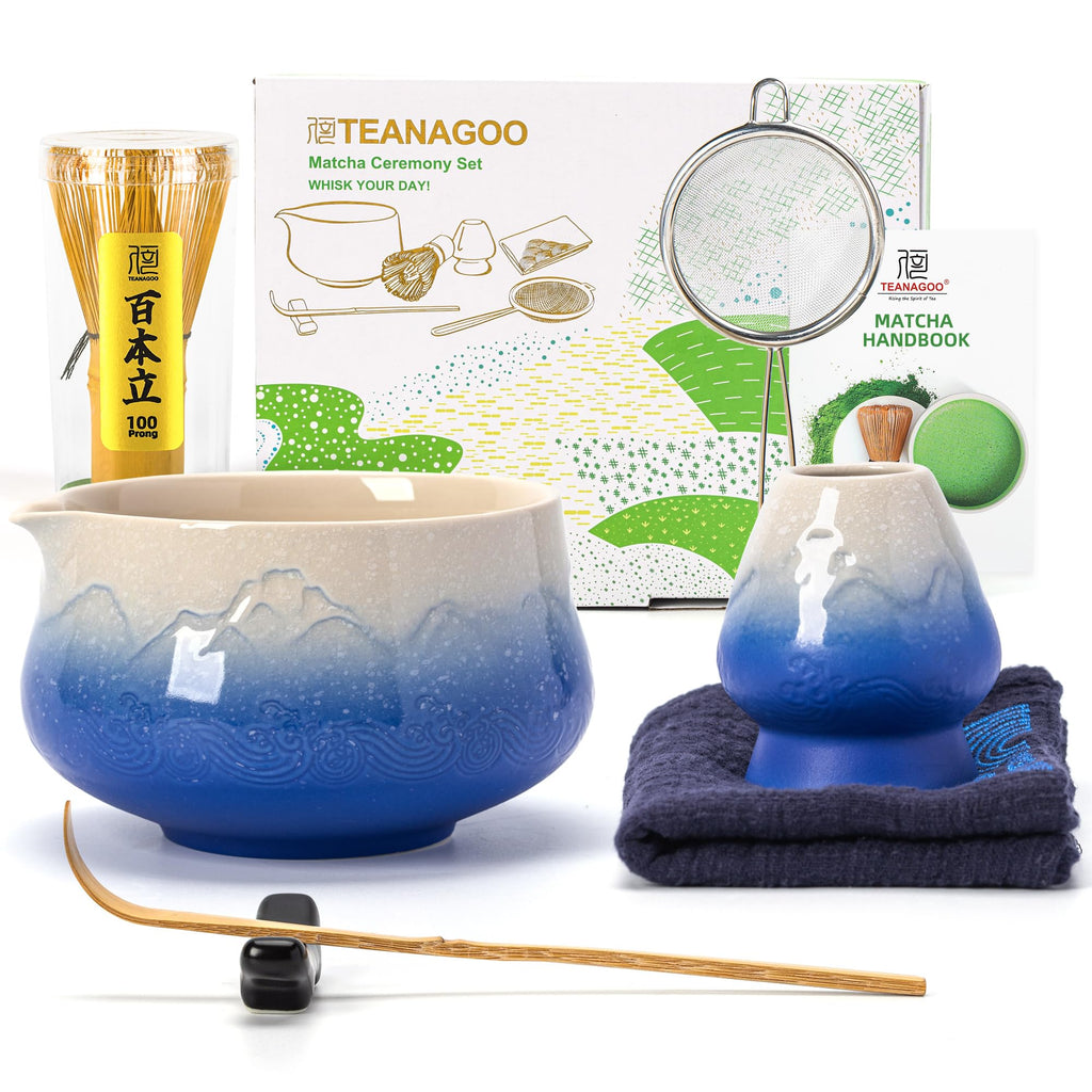 TEANAGOO 7 Pcs Matcha Whisk Set,Blue Matcha Set, Ceremony Matcha Powder Kit,Matcha Tea Set for Making Latte,Matcha Whisk Set and Bowl with Scoop&Sifter,Fuji Design Ceramic Bowl,Gift for Matcha Lovers