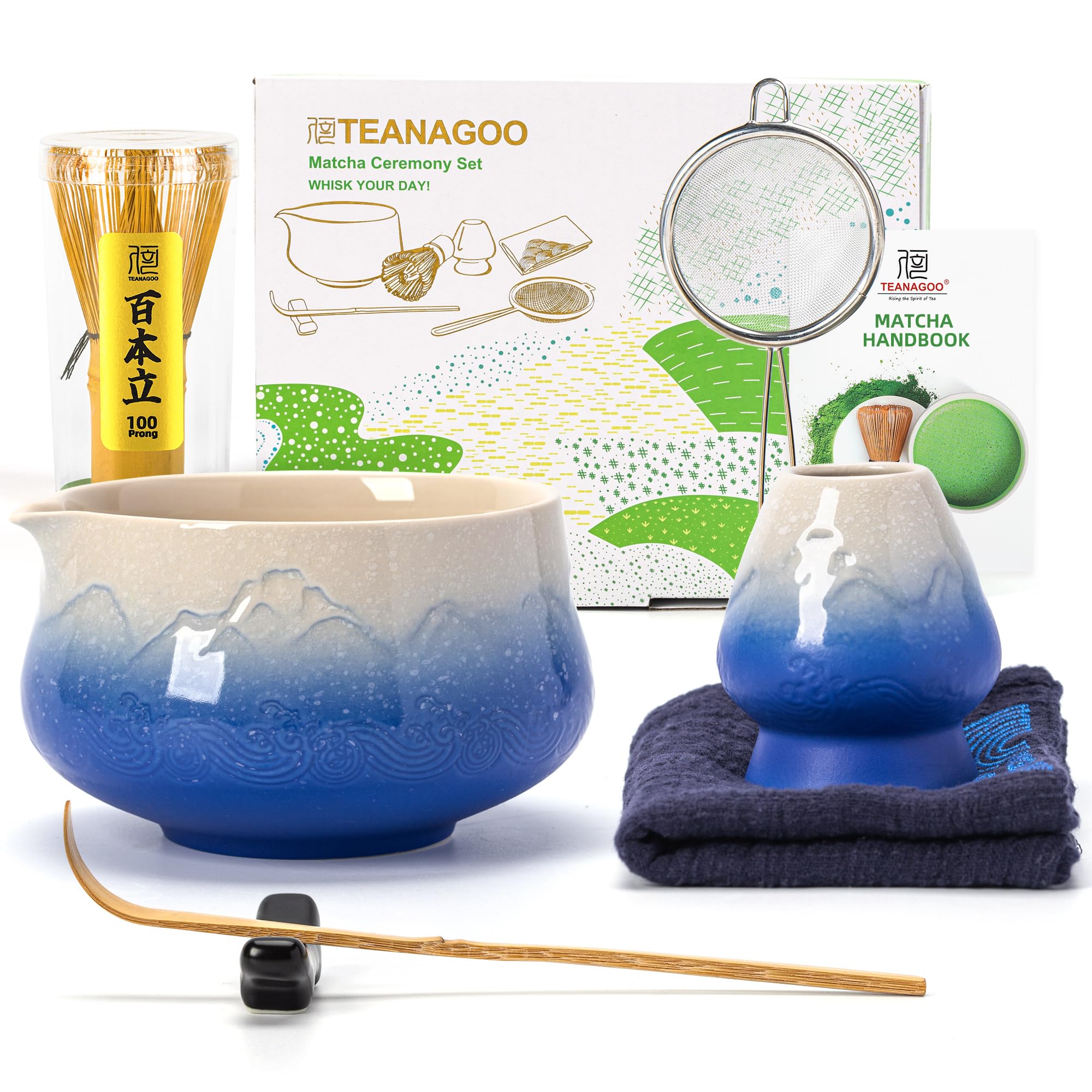 TEANAGOO 7 Pcs Matcha Whisk Set,Blue Matcha Set, Ceremony Matcha Powder Kit,Matcha Tea Set for Making Latte,Matcha Whisk Set and Bowl with Scoop&Sifter,Fuji Design Ceramic Bowl,Gift for Matcha Lovers