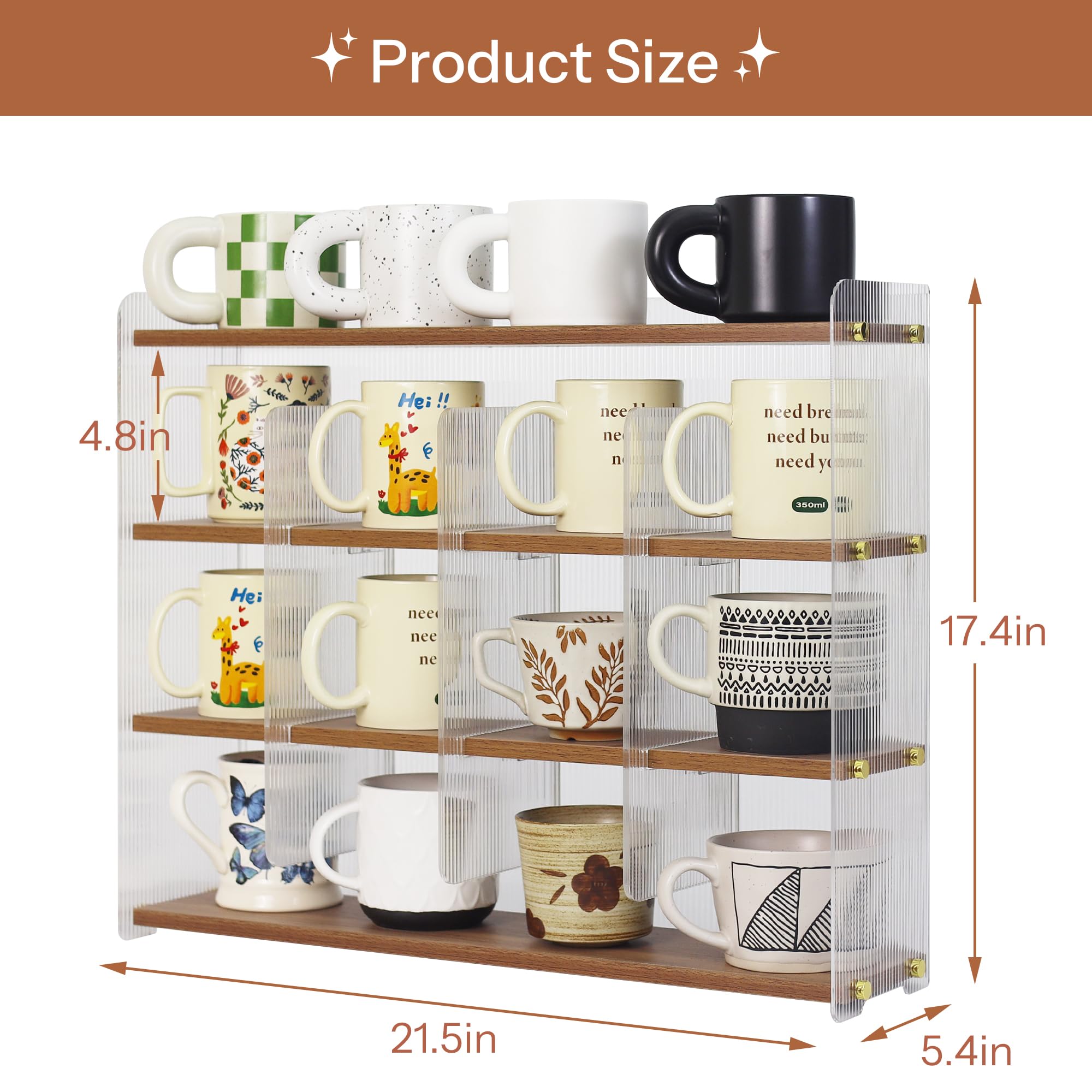 KAOTGOT Mug Shelf 4-Tier Walnut Coffee Cup Displays,Kitchen Spice Storage