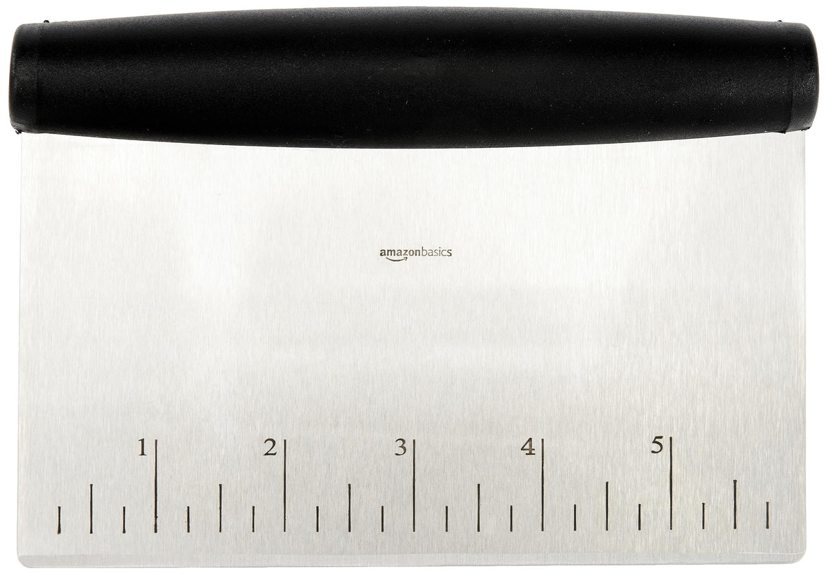 Amazon Basics Multi-Purpose Bench Scraper, Stainless Steel Dough Cutter with Measurement Marks, Dishwasher Safe, Non-slip Contoured Grip, 6", Black, Silver