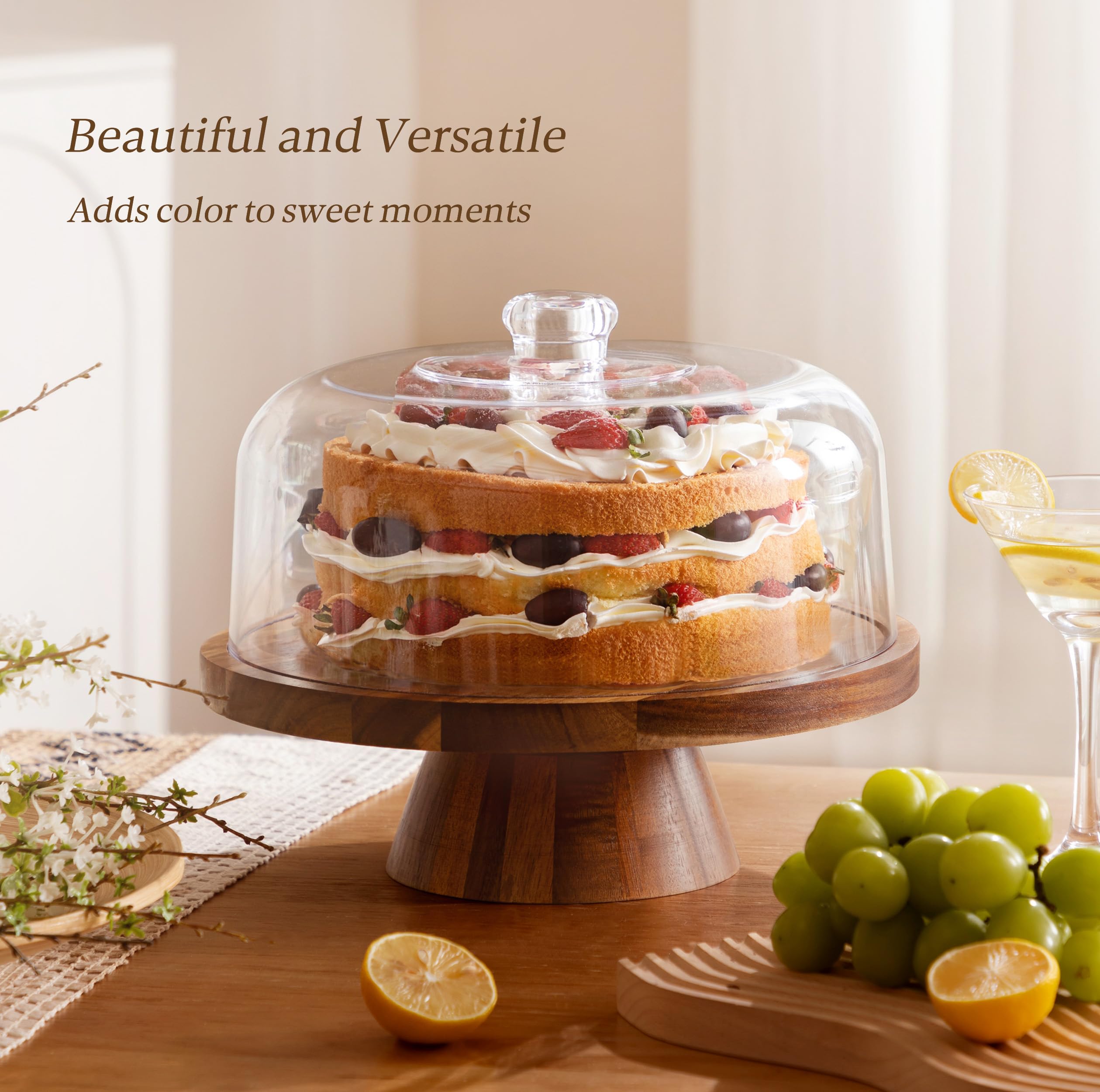 HBlife Cake Stand with Lid (11.4"), Multifunctional Cake Stand with Acrylic Dome, Acacia Wood 6-in-1 Cake Plate Display Stand with Cover for Baking Gifts, Birthday Kitchen Parties, Weddings