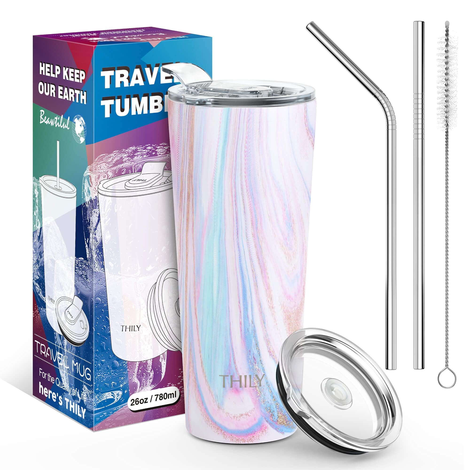 THILY Tumbler Stainless Steel Coffee Cup 26 oz Triple-Insulated Travel Mug with Splash-Proof Lid, for Ice Drinks and Hot Beverage Smoothies Cup, Pink Ripple