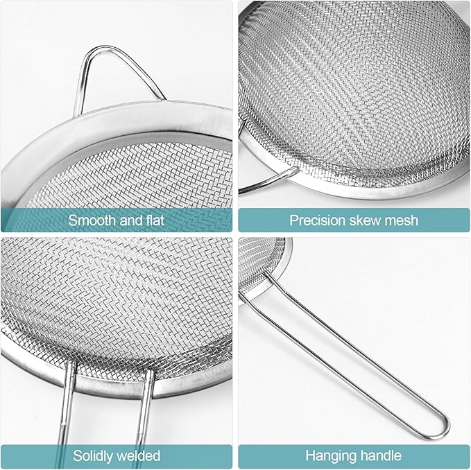3 Pack Fine Mesh Strainer, Small Stainless Steel Sieves with Handles, for Steeping Loose Leaf Tea, Straining Cocktail, Juice and Sifting Flour, Powdered Sugar