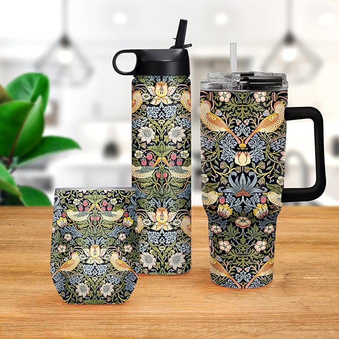 RainCaper 18/8 Stainless Steel Insulated Water Tumbler with Straw | 30oz, BPA-Free, Double Wall for Hot & Cold | Travel-Friendly, Cup Holder Ready (William Morris Morris Strawberry Thief)