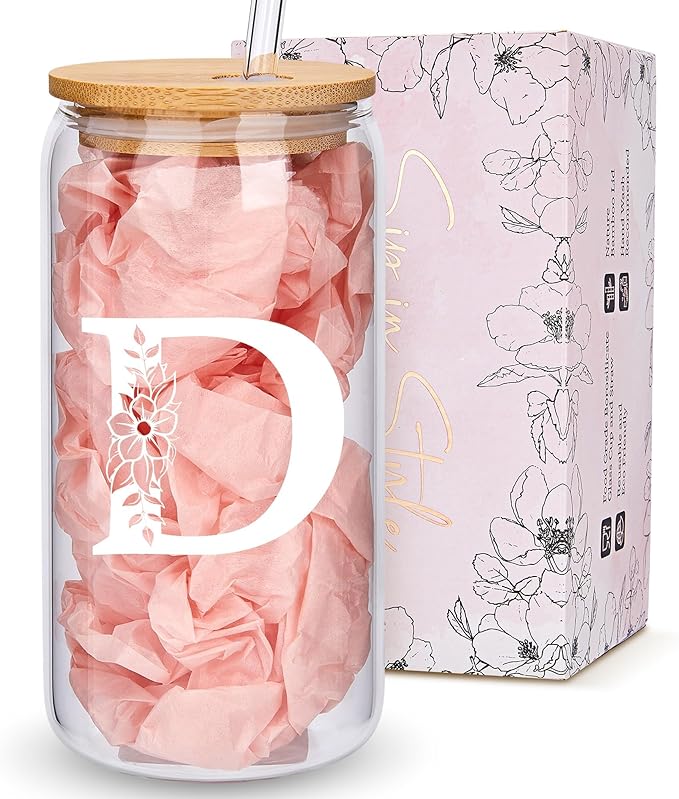Personalized Gifts for Women, Monogrammed Glass Cups with Lids and Straws, Custom Tumbler, Cute Customized Mug, Aesthetic Stuff, Initial Iced Coffee Cup, Drinking Glasses, Birthday Teacher Gifts, D