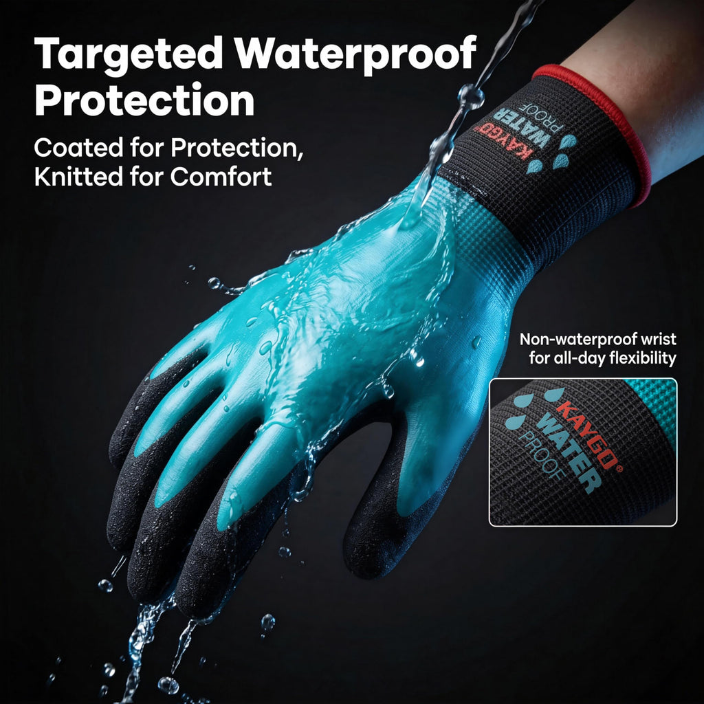 KAYGO Waterproof Work Gloves, Non-Slip Double Latex Coated, KG150