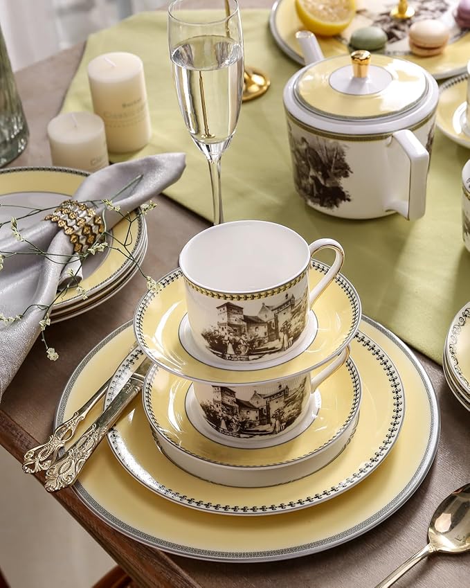 ACMLIFE Tea Set for Adults- Fine China Tea Set for 6, 21-Piece Vintage Coffee Set English Porcelain Tea Pot Sets for Adult Tea Party for Women Gift (Yellow, Extra Large 21)